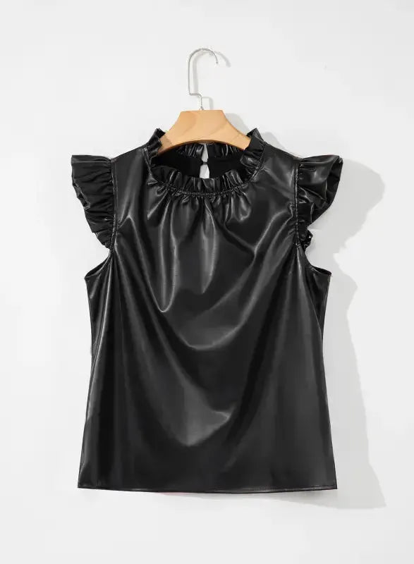 Black PU Leather Frilly Ruffle Trim Blouse | FashionFitz