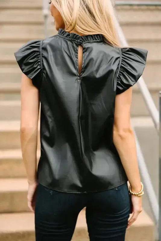 Black PU Leather Frilly Ruffle Trim Blouse | FashionFitz