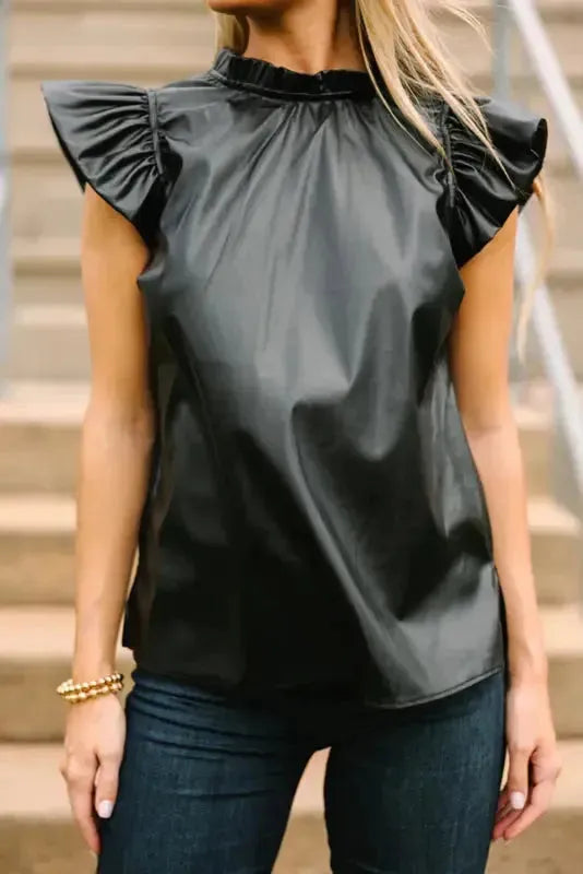 Black PU Leather Frilly Ruffle Trim Blouse | FashionFitz