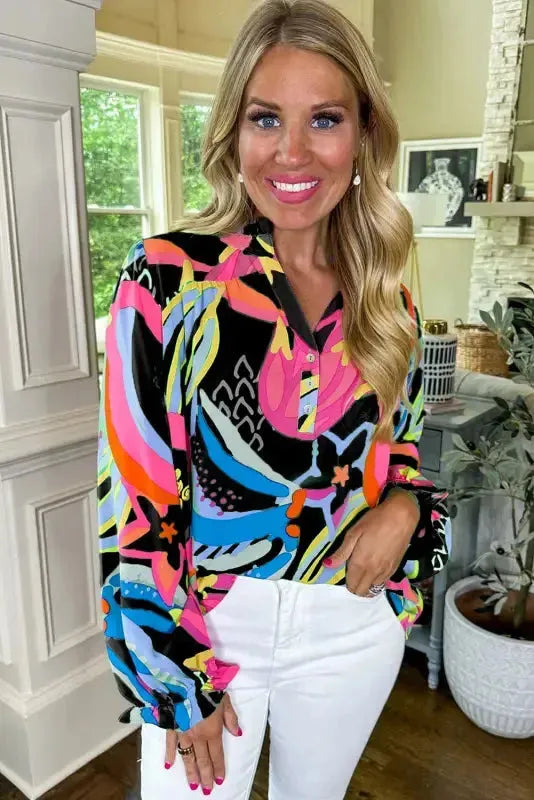 Ethereal Patterns Ruffled V-Neck Blouse
