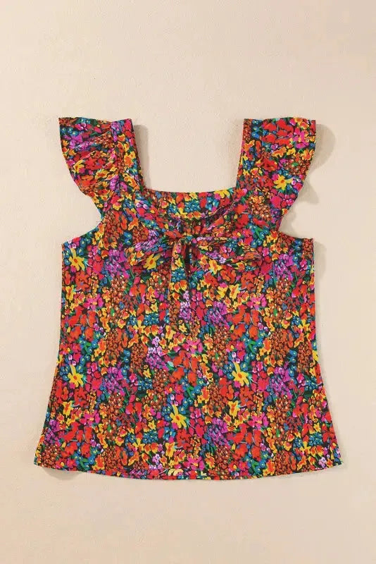 Floral Blouse - Cap Sleeve Square Neck Back Knot