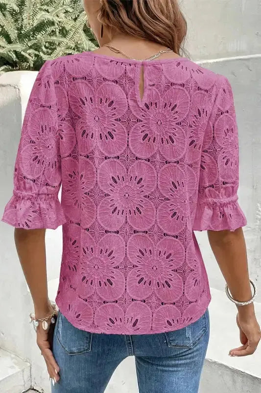 Flower Eyelet Top - Jacquard Keyhole Flounce Sleeve