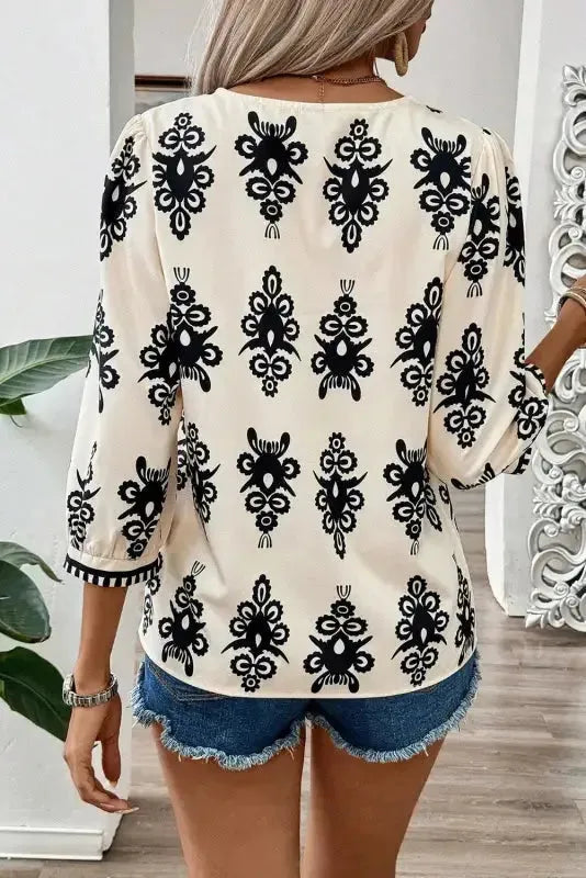 Geometric Glamour Quarter-Sleeve Top