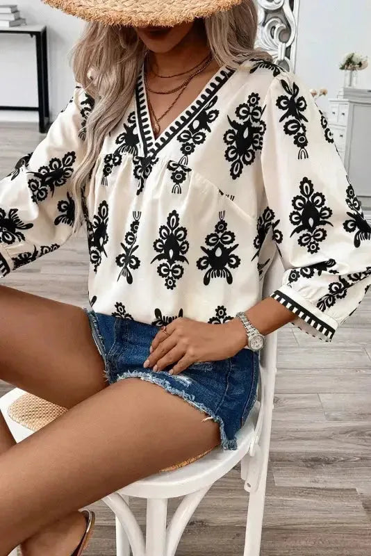 Geometric Glamour Quarter-Sleeve Top