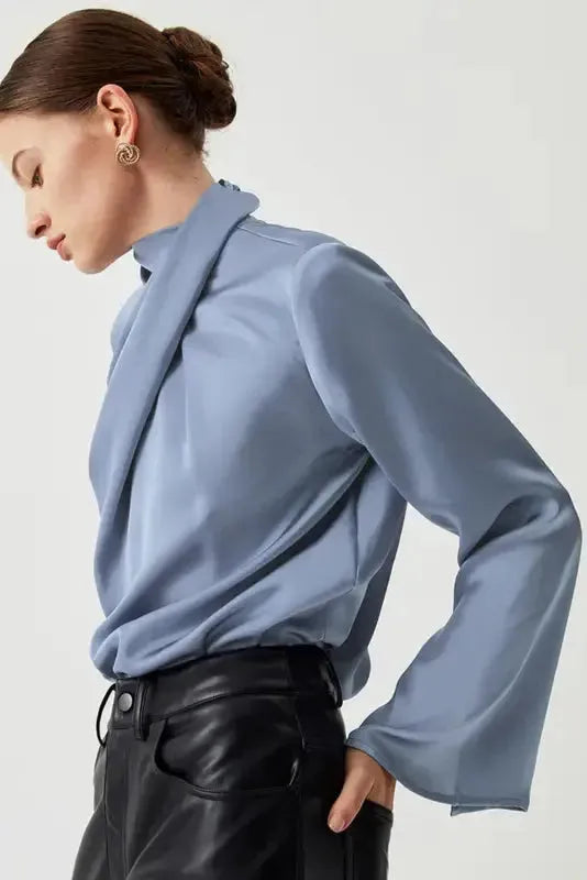 Ivy Asymmetric Blouse - Pleated Turtleneck Bell Sleeve