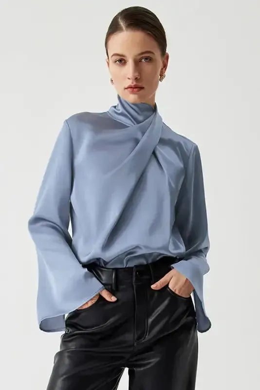 Ivy Asymmetric Blouse - Pleated Turtleneck Bell Sleeve
