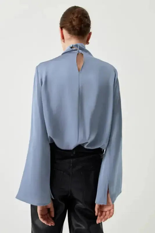 Ivy Asymmetric Blouse - Pleated Turtleneck Bell Sleeve
