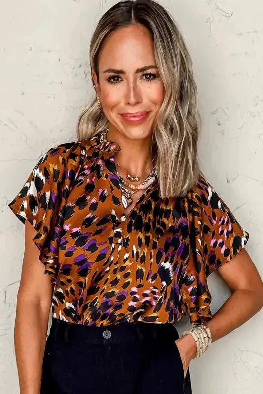 Leopard Draped Blouse - Short Sleeve
