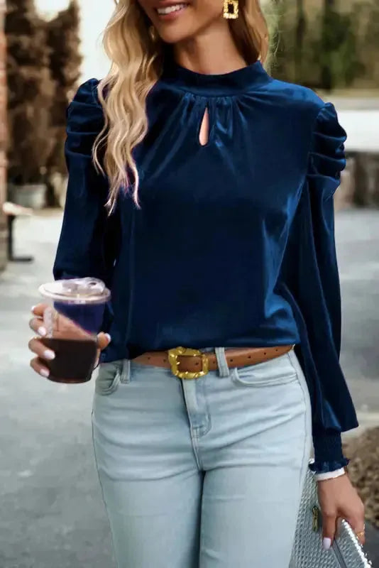 Mock Velvet Blouse - Puff Sleeve