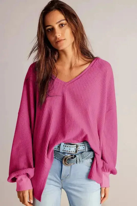 Modern Slouch Waffle Knit Blouse - Bright Pink