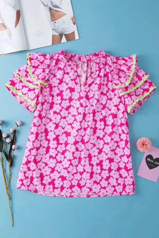 Pink Chic Blouse - Floral Layered Ruffle Sleeve