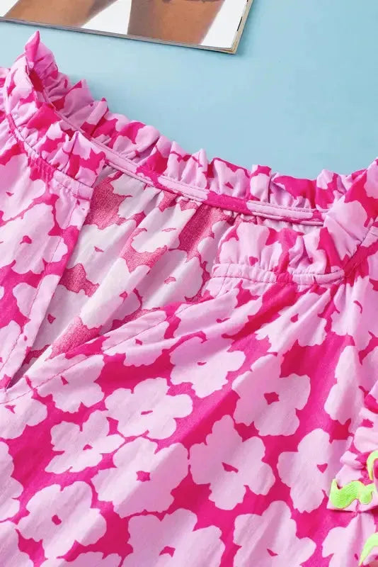 Pink Chic Blouse - Floral Layered Ruffle Sleeve