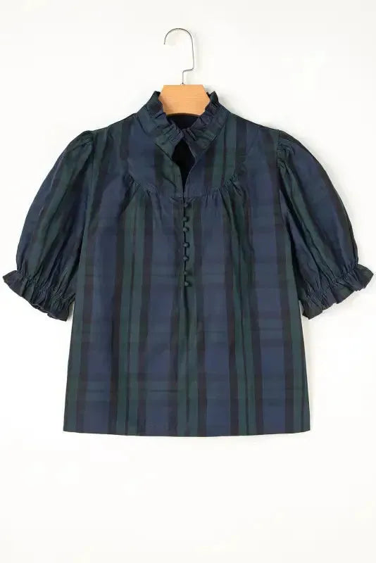 Plaid Elegant Blouse - Puff Sleeve Frilled Trim