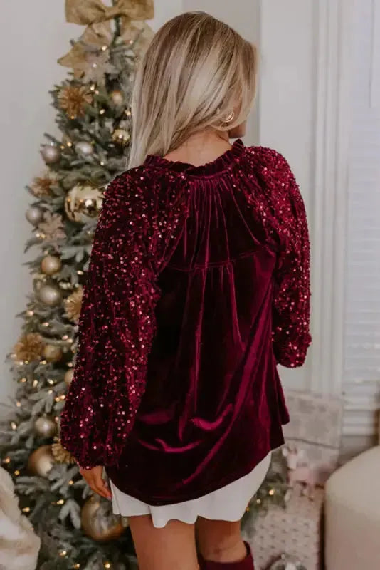 Red Dahlia Sequin Sleeve Velvet Top