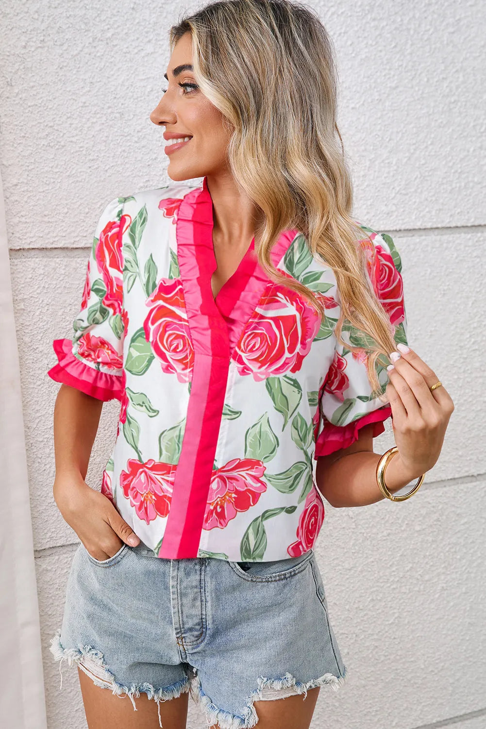 Fashionfitz Rosy Bloom Frill Blouse for Trendy Looks