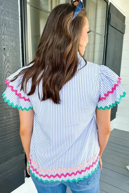 Sky Blue Stripe Ruffled Sleeve Blouse