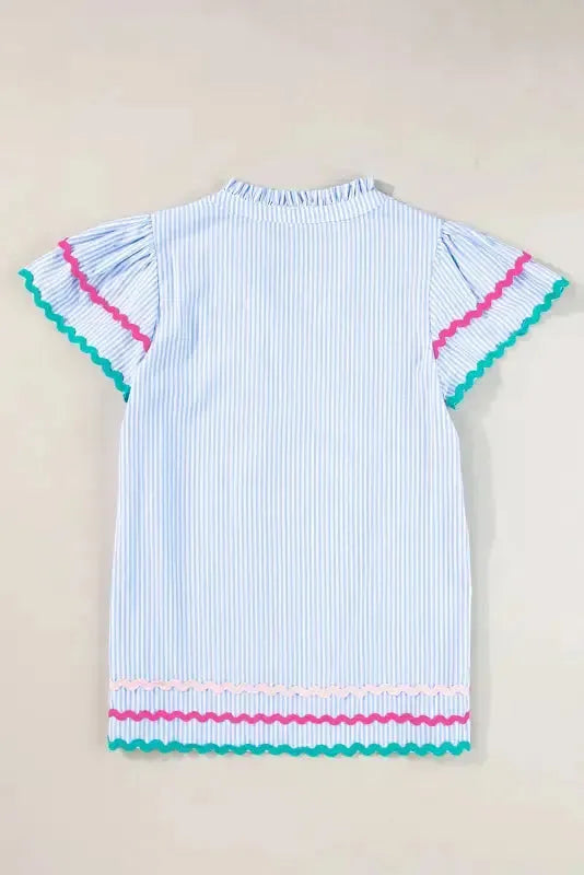 Sky Blue Stripe Ruffled Sleeve Blouse