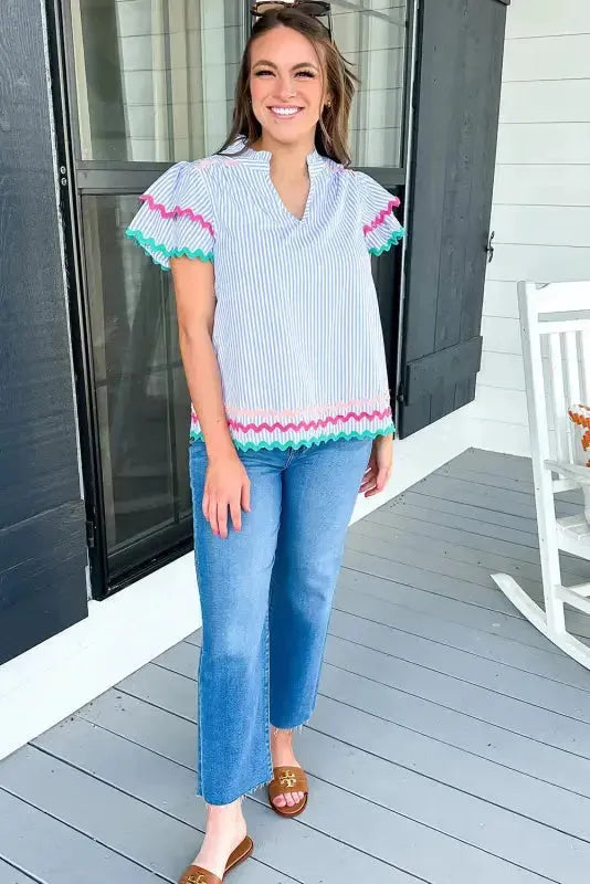 Sky Blue Stripe Ruffled Sleeve Blouse