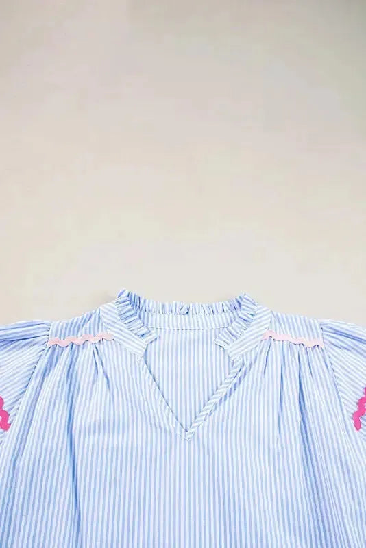Sky Blue Stripe Ruffled Sleeve Blouse