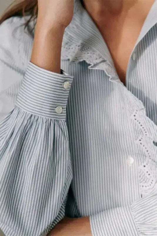 Sky Blue Striped Frill-Trim Shirt