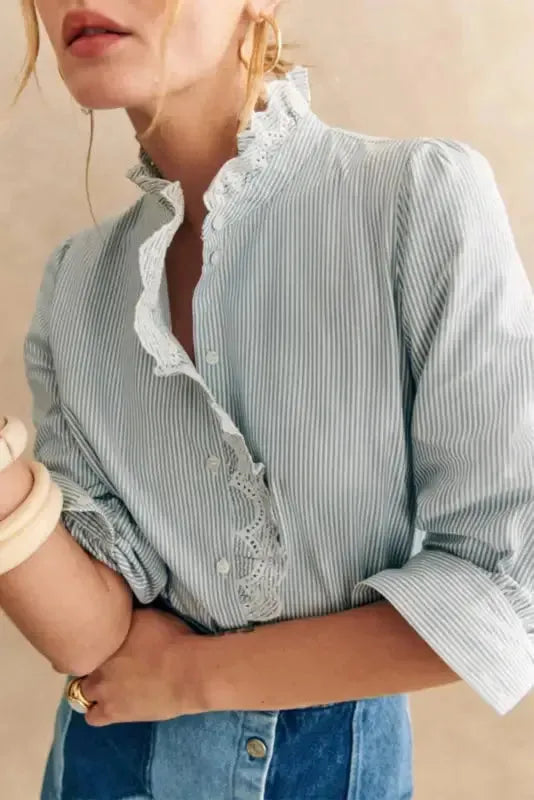 Sky Blue Striped Frill-Trim Shirt