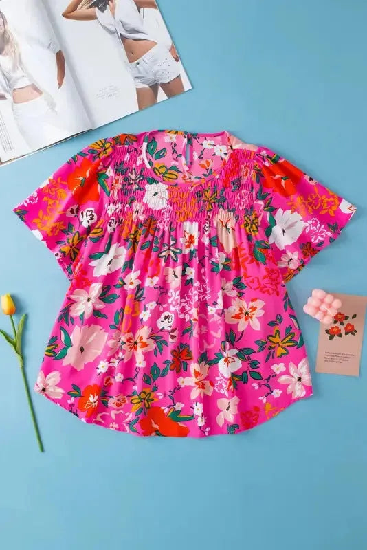 Smocked Blouse - Pink Floral Short Sleeve