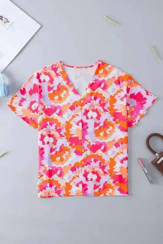 Summer Blouse - Rose Red Abstract Print V Neck