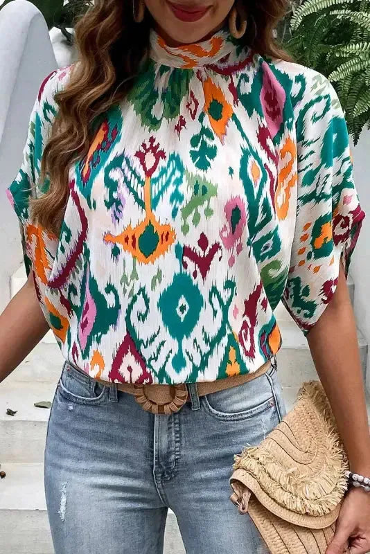 Western Blouse - High Neck Bat Sleeve