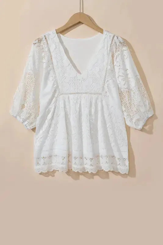 White Blouse - Lace Crochet V-Neck