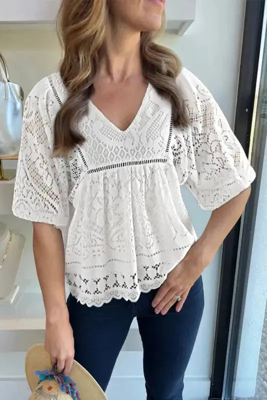 White Blouse - Lace Crochet V-Neck