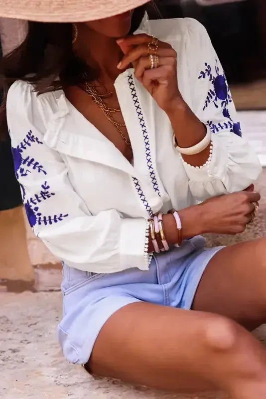 White Floral Embroidered Shirt