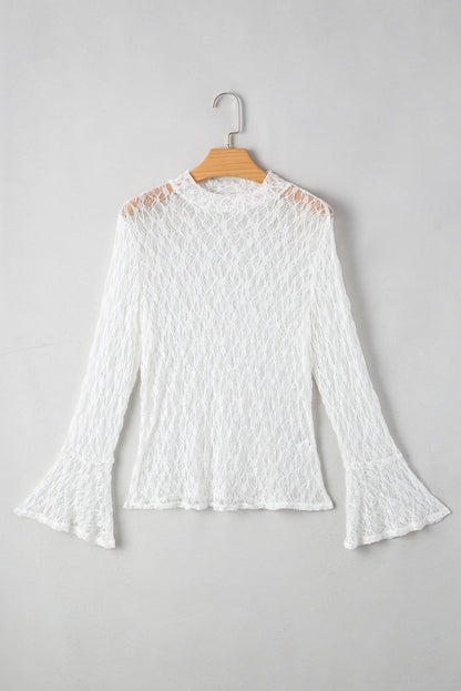 White Sheer Lace Bell Sleeve Blouse