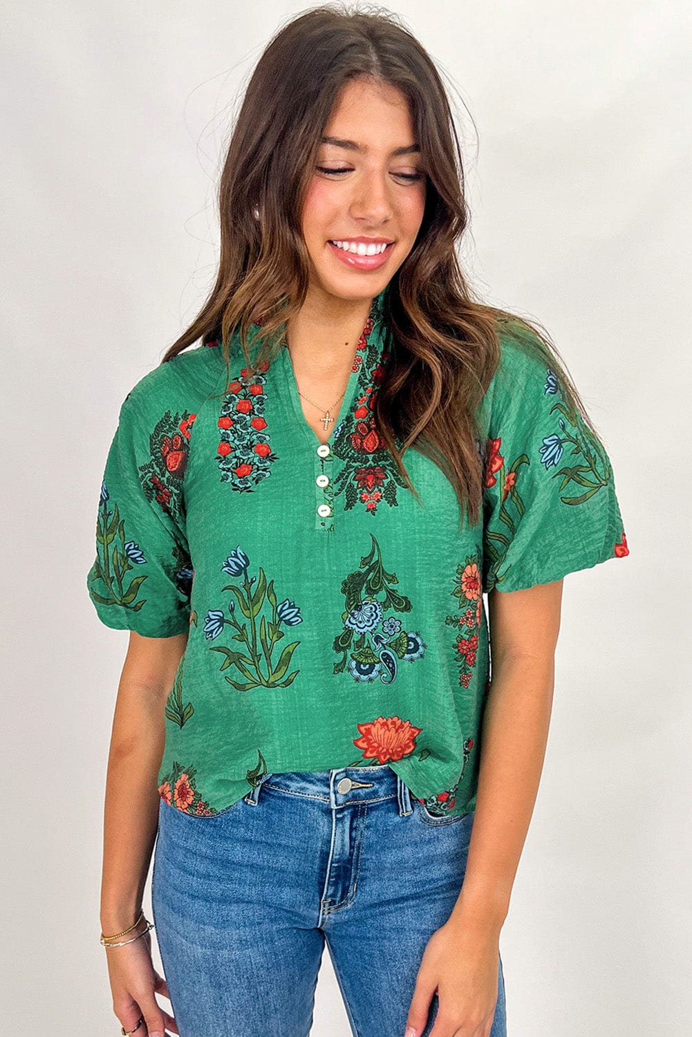 Lush Floral Short Sleeve Blouse – Women’s Boho Summer Top