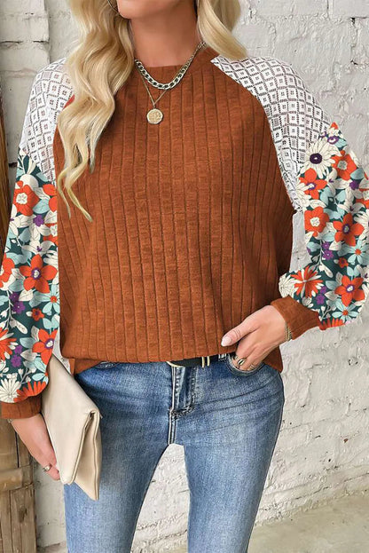 Floral Sleeve Ribbed Blouse
