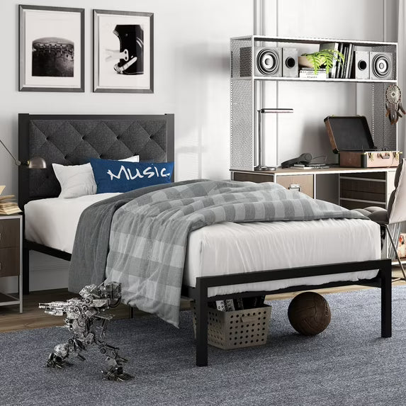 Amolife Twin Size Metal Bed Frame with Upholstered Headboard