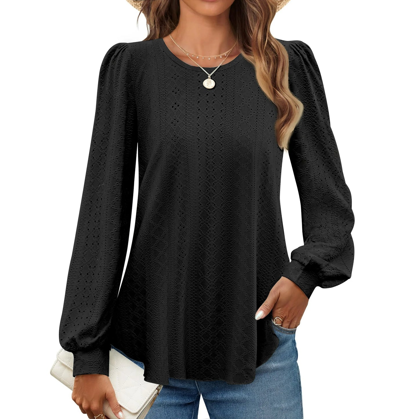 Fantaslook Women's Eyelet Crew Neck Long Sleeve Blouse