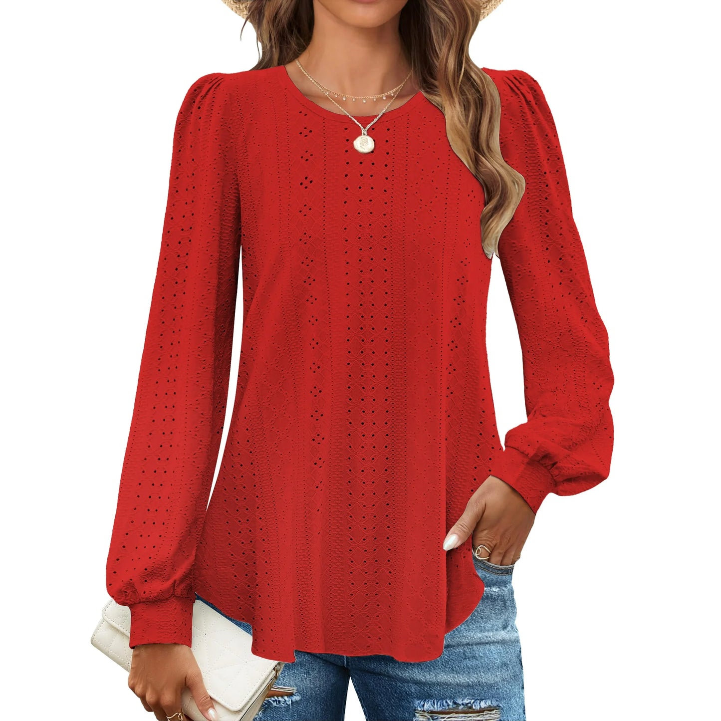 Fantaslook Women's Eyelet Crew Neck Long Sleeve Blouse