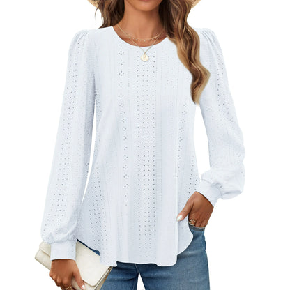 Fantaslook Women's Eyelet Crew Neck Long Sleeve Blouse