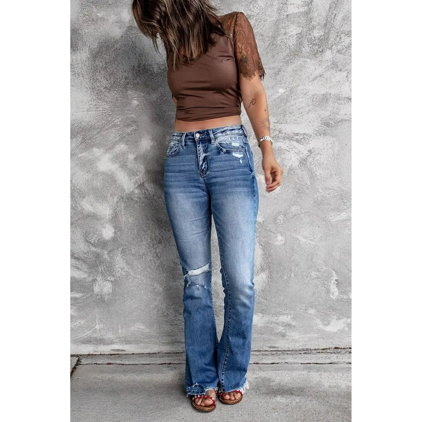 HLSOHJP High-Waist Ripped Flared Jeans