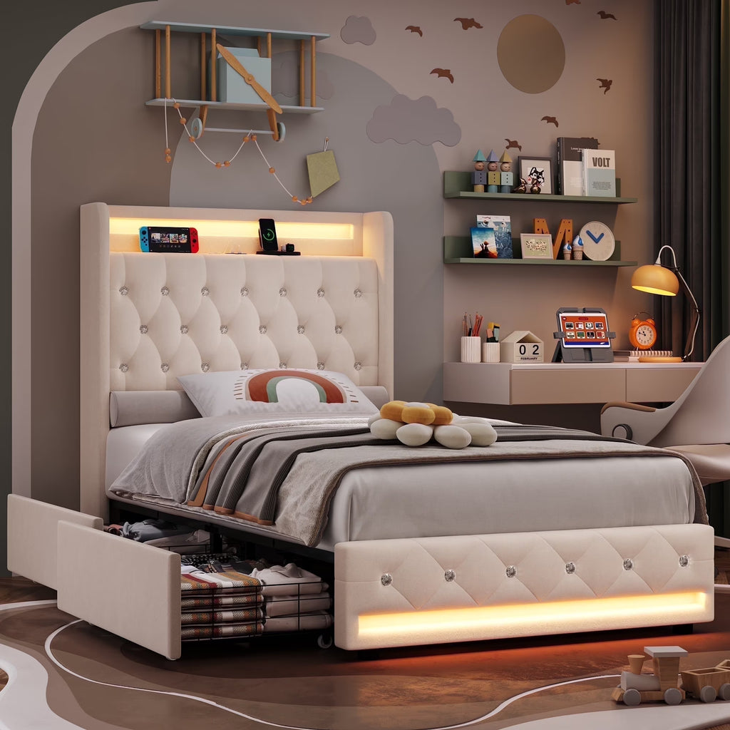 Πλαίσιο διπλού κρεβατιού Homfa με φως LED και σταθμό φόρτισης 