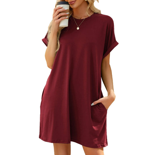 QINCAO Women's Casual Roll-Up Sleeve T-Shirt Dress