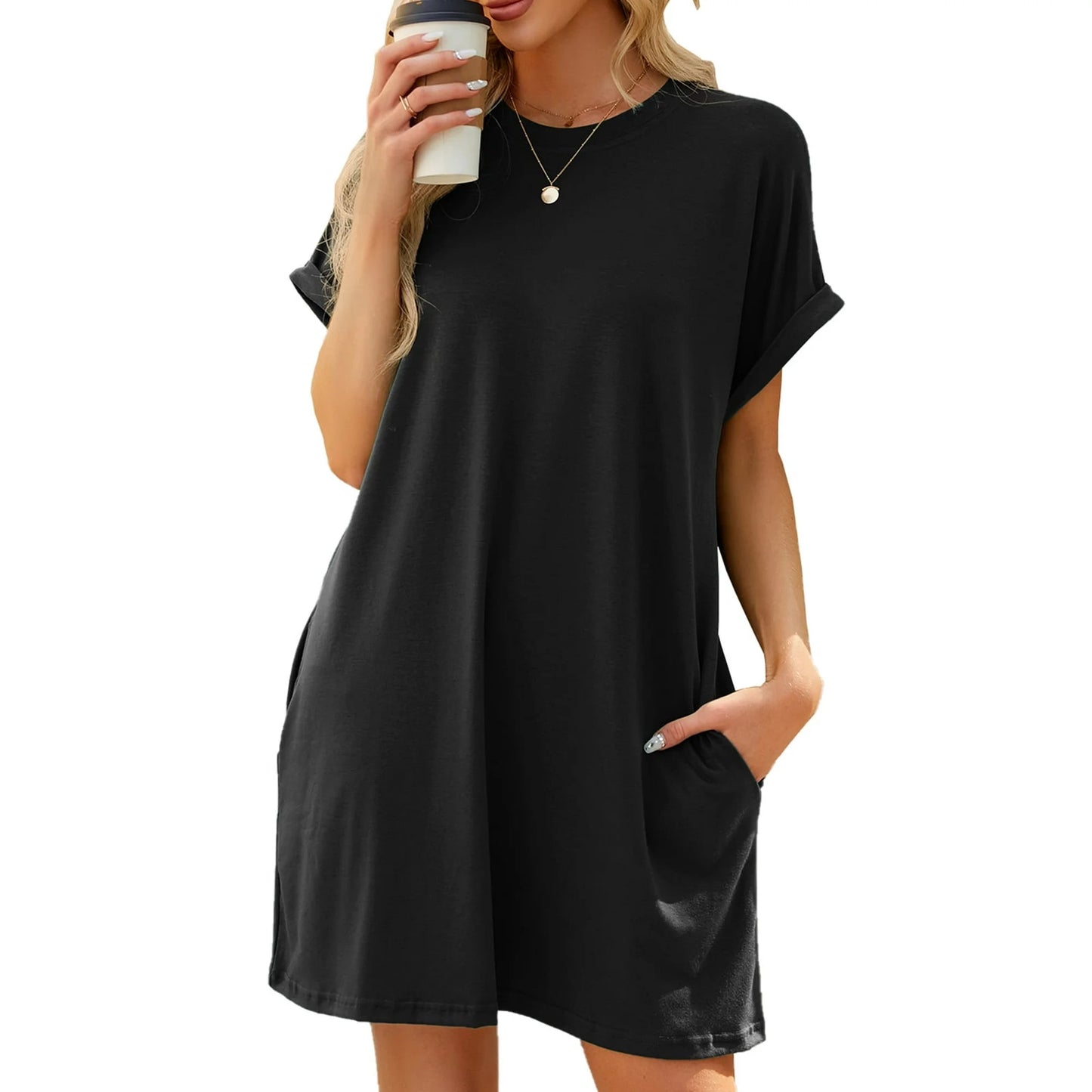 QINCAO Women's Casual Roll-Up Sleeve T-Shirt Dress