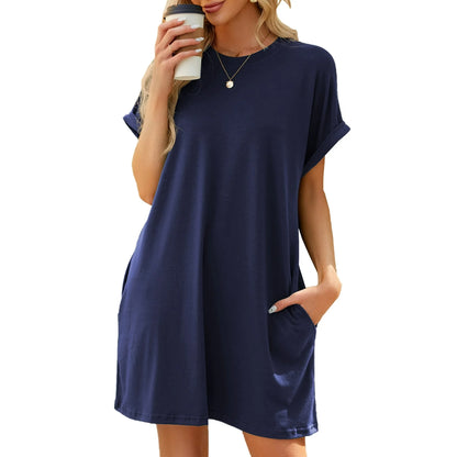 QINCAO Women's Casual Roll-Up Sleeve T-Shirt Dress