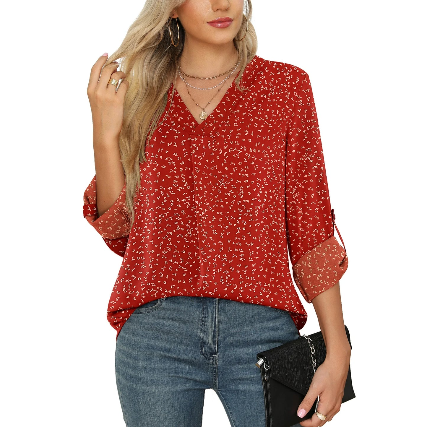 Uvplove Women's 3/4 Sleeve Chiffon V-Neck Blouse