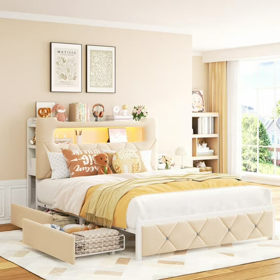 Anyact Full Bed Frame with 2-Tier Storage Headboard