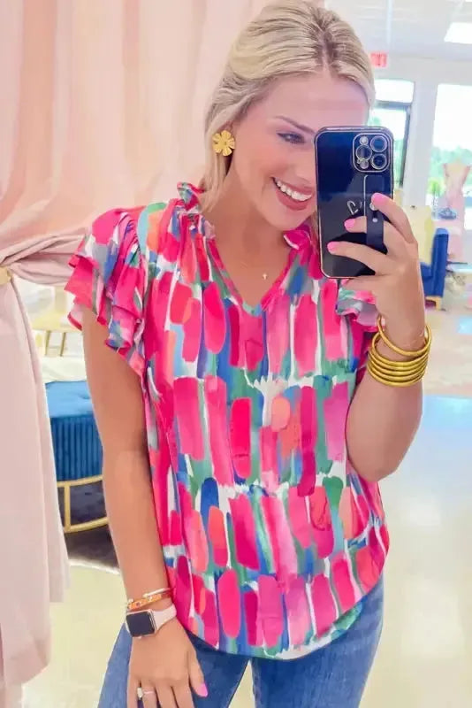 Abstract Brush Print Ruffled Sleeve Blouse