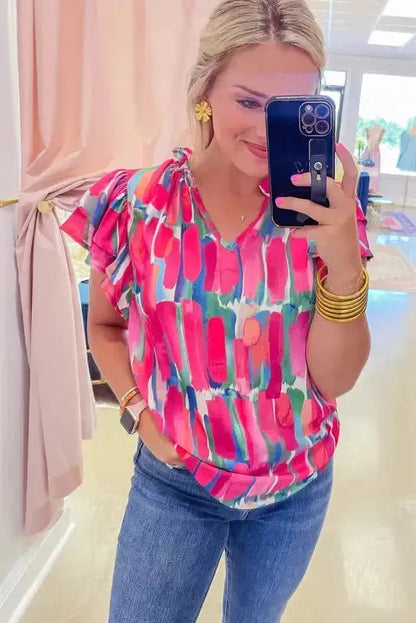 Abstract Brush Print Ruffled Sleeve Blouse