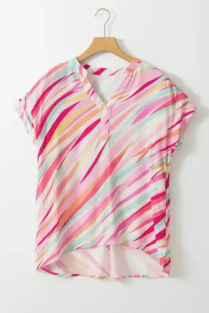 Abstract High Low Short Sleeve Blouse