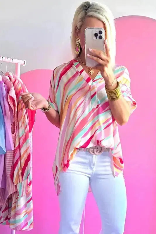 Abstract High Low Short Sleeve Blouse