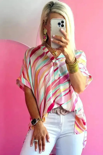 Abstract High Low Short Sleeve Blouse